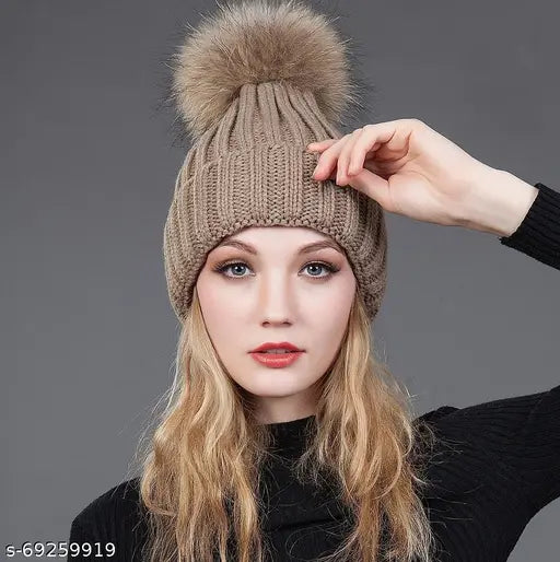 Woolen knit beanie cap, black interior with fur trim, slouchy style for girls and women