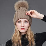 Woolen knit beanie cap, black interior with fur trim, slouchy style for girls and women