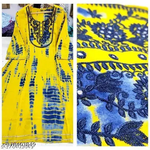 Yellow embroidered, dyed/washed rayon woman's straight tie kurti, three-quarter sleeves. Size options: XXL (44in bust, 44in length), XXXL (46in bust, 44in length), 4XL (48in bust, 44in length). Indian origin