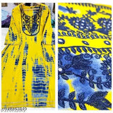 Yellow embroidered, dyed/washed rayon woman's straight tie kurti, three-quarter sleeves. Size options: XXL (44in bust, 44in length), XXXL (46in bust, 44in length), 4XL (48in bust, 44in length). Indian origin