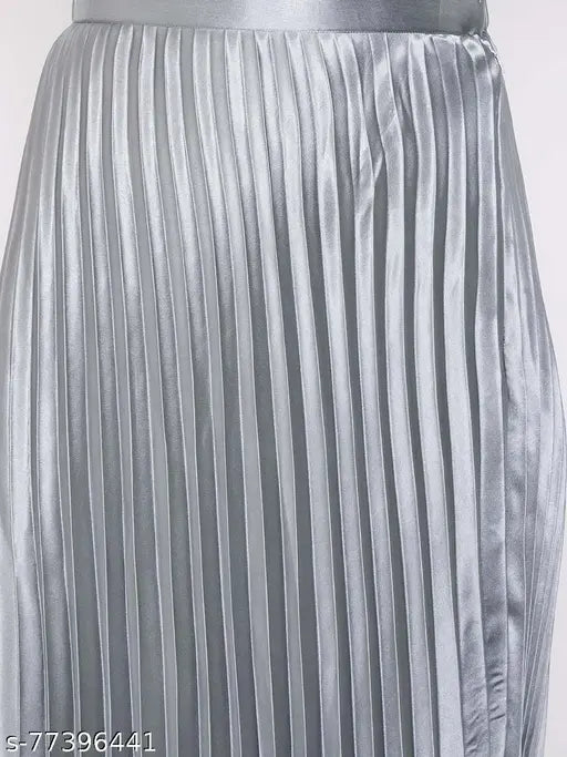 Women's/Girls elastic waist metallic shiny accordion pleated midi skirt, solid net floral pattern, satin fabric, polyester lining, full length, comfort fit, party wear