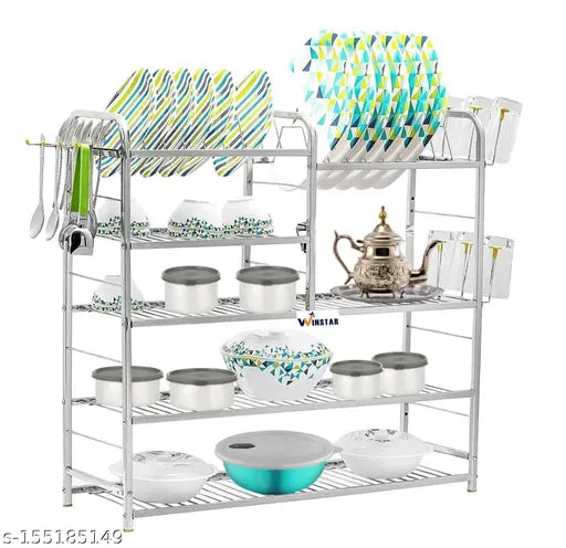 Stainless steel kitchen wall mount rack with plates and utensils storage