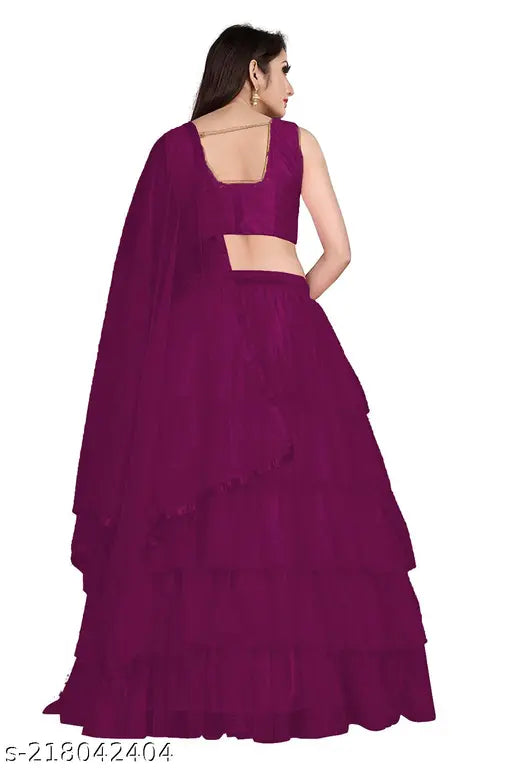 Satin & net semi-stitched ruffle lehenga choli and dupatta set, embroidered and lace pattern, free size up to 42 inch, alterable waist, origin India