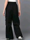 Black cargo pants with long flared legs and multiple pockets