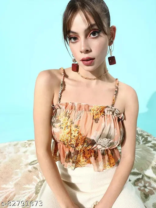 Multicolor chiffon puff sleeves floral print women's top, size-fitting casual western wear by Anvi