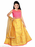 Embroidered taffeta silk kids lehenga choli, satin dupatta with net sleeves, Indian party wear for 3-4 or 5-6 year olds
