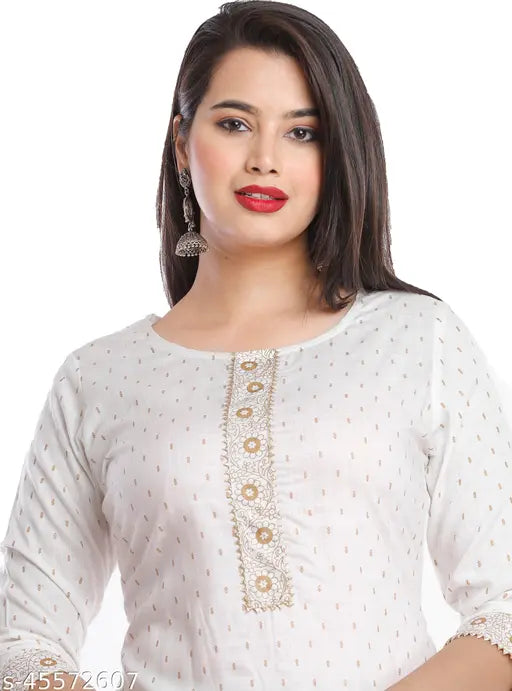 White printed rayon kurta plazo set with three-quarter sleeves, net-patterned Indian clothing for women