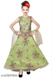 Modern stylized frock, girl's dress in green with floral embroidery and ruffled hem