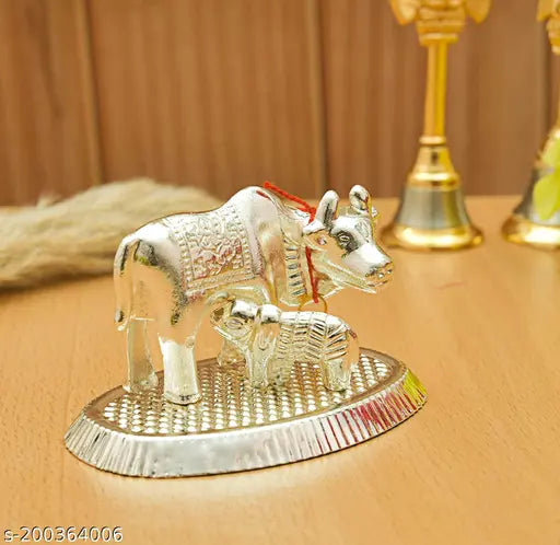 Silver Kamdhenu Cow with Calf figurine decorative gift item, Indian God showpiece for good luck
