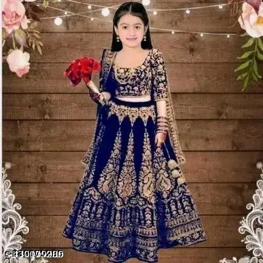 Kids ethnic velvet lehenga choli & dupatta set, semi-stitched embroidered for baby girls, 2-14 years sizes available (example: 2-3yrs - waist 24in, length 22in). Indian traditional wear for celebrations