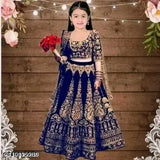 Kids ethnic velvet lehenga choli & dupatta set, semi-stitched embroidered for baby girls, 2-14 years sizes available (example: 2-3yrs - waist 24in, length 22in). Indian traditional wear for celebrations