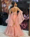 Peach velvet lehenga choli with net dupatta, embellished top and solid bottom, semi-stitched, Indian traditional wear