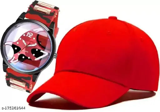 Red cotton baseball cap with transparent analog dial and silicone strap, stylish combo for men & boys