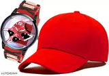 Red cotton baseball cap with transparent analog dial and silicone strap, stylish combo for men & boys