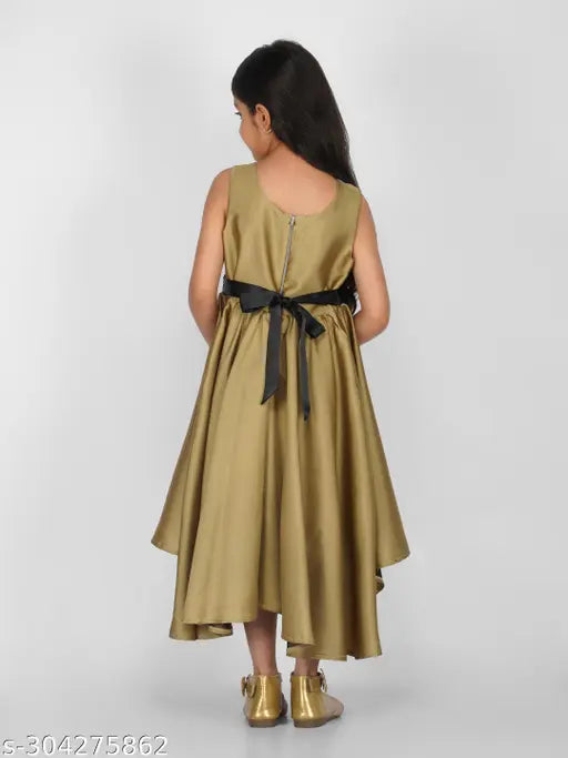 Golden silk blend hi-low party dress for kids, vibrant and stylish, ideal for parties