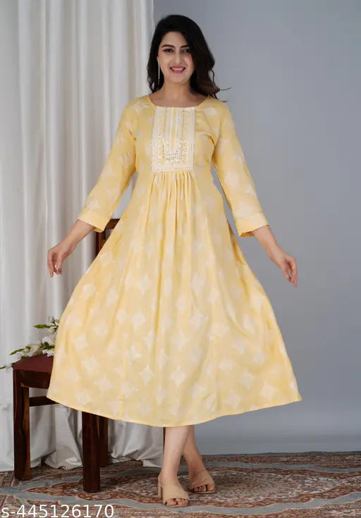Women's viscose rayon printed anarkali Gawon with three-quarter sleeves, cream and gold print on Indian background
