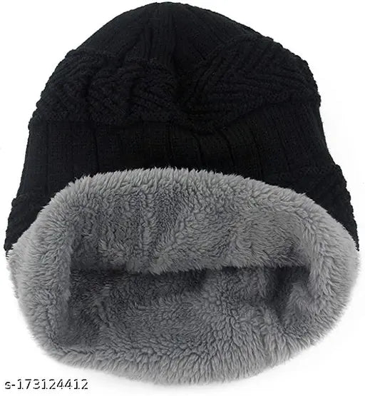 Winter woolen cap, black with gray lining and ribbed knit design