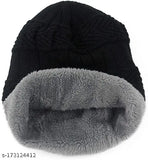 Winter woolen cap, black with gray lining and ribbed knit design