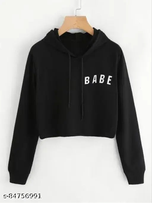 Black printed cotton hoodie, long sleeves, regular fit women's t-shirt - India