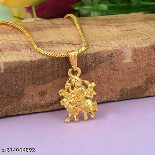 Silver-plated brass God Idol necklace featuring Maa Durga Sherawali MATA Rani, studded with Austrian Diamond and AD stone, 24 inch chain, perfect for spiritual jewelry collection, Indian craftsmanship