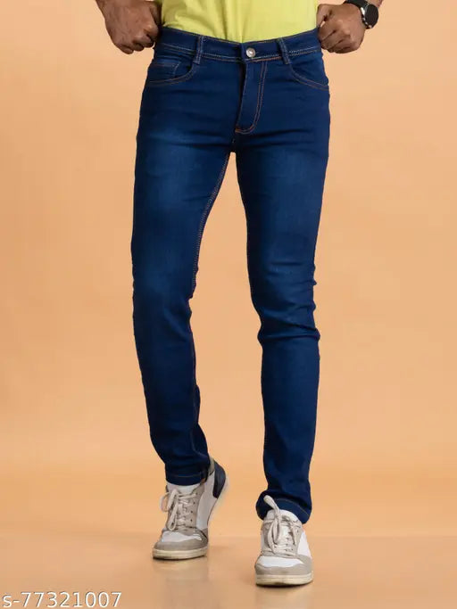Dark blue denim jeans for men, stretchable and durable with comfortable pockets, perfect for casual, party, or office wear. Available in sizes 28-42 (waist 28-42, length/hip size 42). Made in India
