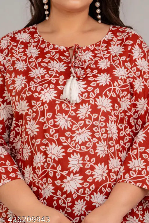 Plus size wine-colored rayon short kurti, printed trendy design, India