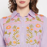 Mauve rayon embroidered top with long sleeves, Indian-made women's fashion