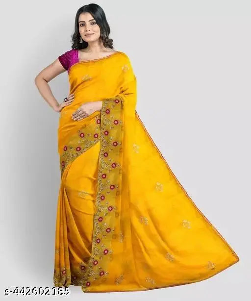 Yellow Pink Syclon Silk Net Zari Embroidery Saree with Separate Bangalori Silk Blouse, intricate mirror work and embroidery details on Indian free-size saree and blouse (5.5m & 0.8m length)