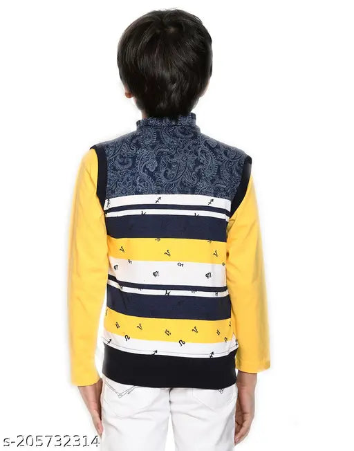 A colorful combo set of a nautical-patterned cardigan and printed t-shirt for boys