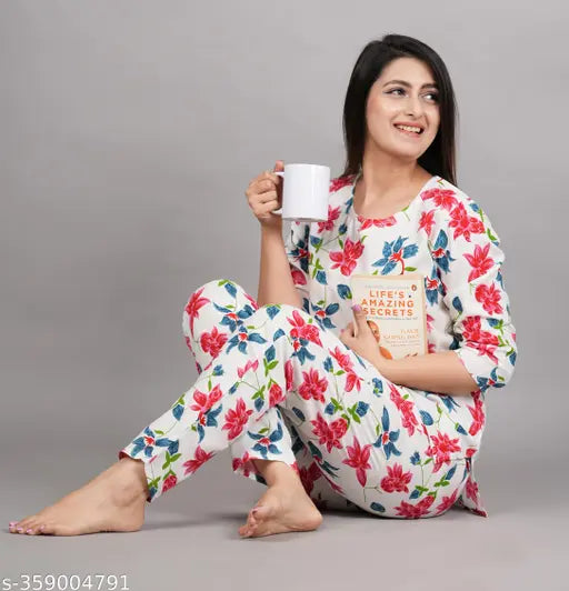 Women's printed rayon nightsuit set, three-quarter sleeves, rayon fabric on display