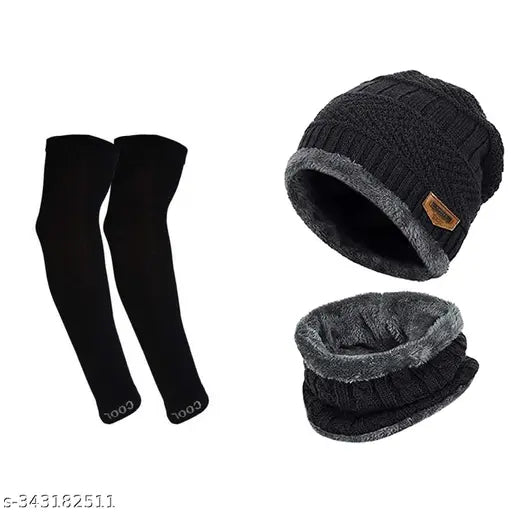 Black woolen winter beanie cap with muffler and gloves combo - warm protection for men & women, fur patterned, country of origin: India
