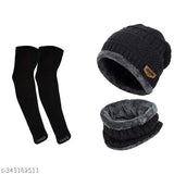 Black woolen winter beanie cap with muffler and gloves combo - warm protection for men & women, fur patterned, country of origin: India
