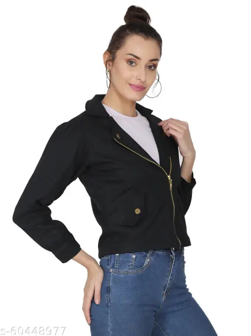 Denim ZIP jacket, new black solid design, long sleeves, made in India (size S: Bust 34", Length 20", Waist 15", Hip 15", Shoulder 15")