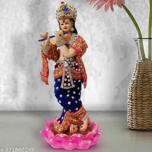 Premium resin Krishna with flute idol, warm gift for living room, bedroom, offices or pooja room. Handcrafted Indian art for spiritual and positive vibes. (12cm L x 28cm H x 8cm B)