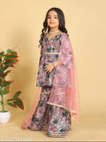 Printed cotton kurta sharara set with dupatta for kids, traditional Indian ethnic wear in comfortable quality material, suitable for occasions like weddings, festivals, and celebrations