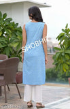Printed rayon sleeveless kurta set with pant, vibrant colors on Indian-made fashion for women