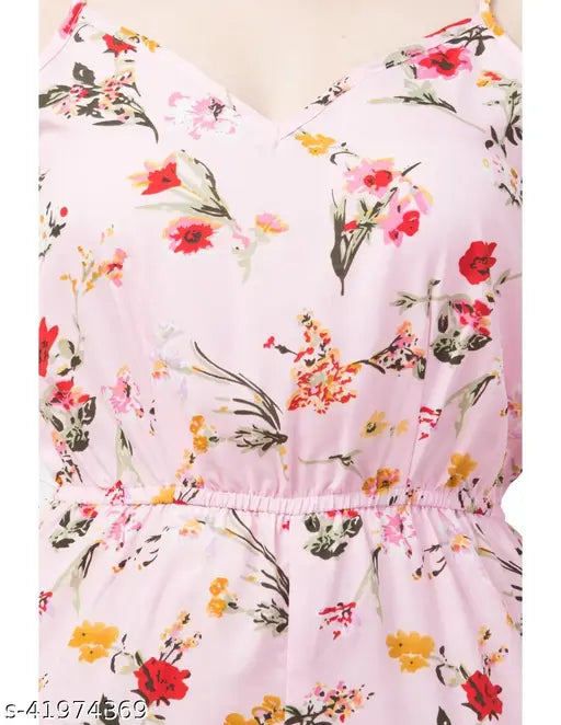 Pink floral print poly crepe sleeveless Lovelight Western jumpsuit, made in India