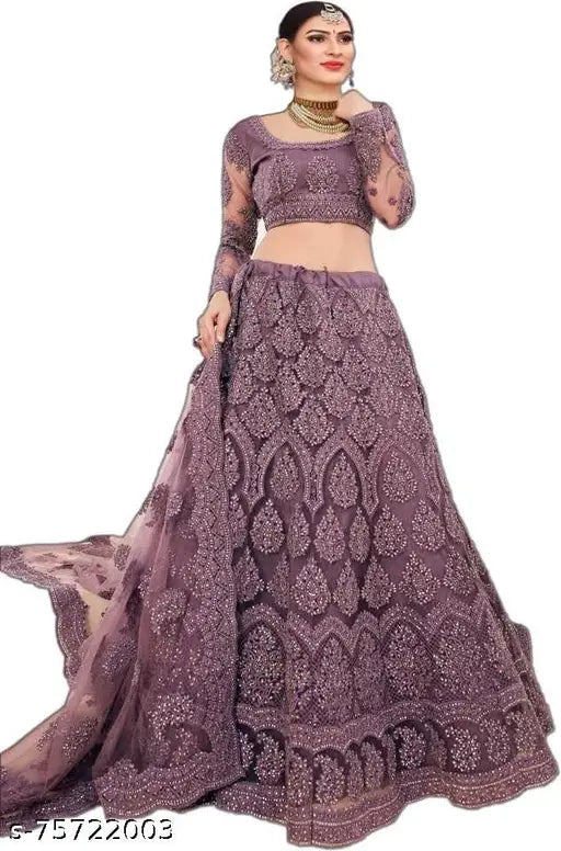 Wine Chikankari net lehenga-choli and dupatta set, intricate embroidered Indian bridal wear on display