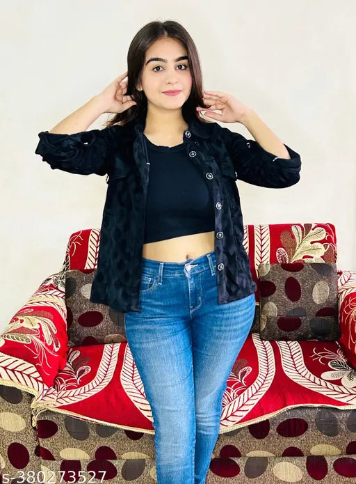 Printed net velvet women's and girl western jacket with double pockets, long sleeves - India