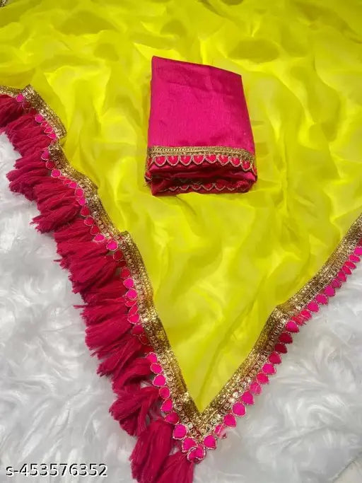 Georgette designer sari with running blouse, Indian-made fancy saree in solid color, free size, length 5.5m