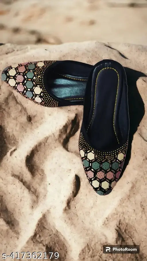 Black synthetic Jaipuri Rajasthani mules - traditional Indian slippers for casual or fancy wear
