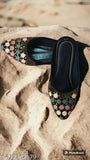 Black synthetic Jaipuri Rajasthani mules - traditional Indian slippers for casual or fancy wear