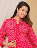 Red pink cotton blend anarkali kurta with jacket, plus/big/large/extra size, three-quarter sleeves, printed pattern. Perfect for daily wear or special occasions. Indian ethnic fashion from LEELA Emporium Jaipur