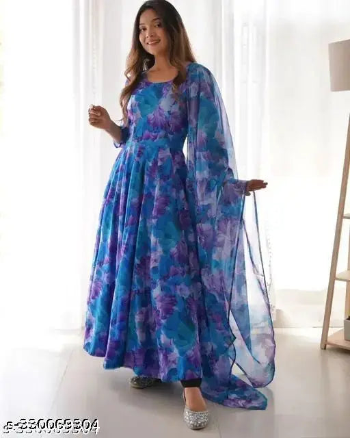 Floral Georgette Kurti with Dupatta, three-quarter sleeves, Indian digital print dress