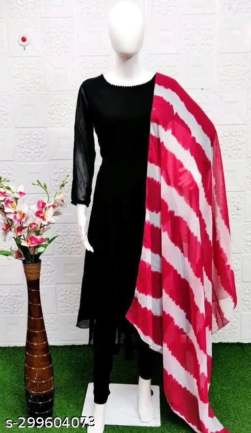 Fancy Georgette Gown (S-XXXL) - Indian evening wear with long sleeves, solid design