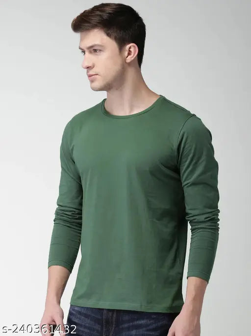 Olive green, cotton, men's full sleeve casual t-shirt, size S (38in x 26in), made in India