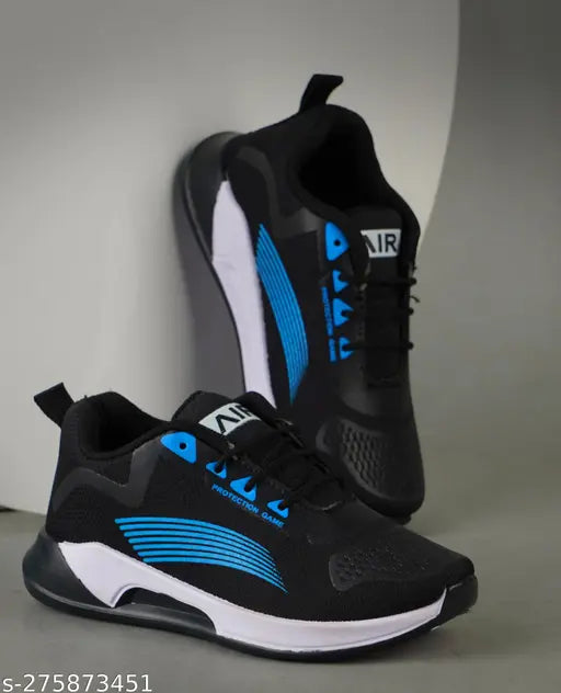 Black running shoes with blue accents, for casual wear and kids size