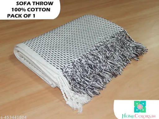 Brown and white cotton striped hand-woven sofa throw with fringes, perfect for living room, bedroom, or office decor - 140 x 180 cm