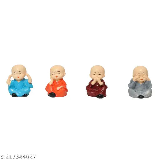 Polyresin Dopin monk Buddha car showpiece, intricately handcrafted by Indian artists, celebrating life principles "Bura mat bolo, Bura mat dekho, Bura mat suno", ethically sourced materials, perfect for shelf or desk display