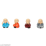 Polyresin Dopin monk Buddha car showpiece, intricately handcrafted by Indian artists, celebrating life principles "Bura mat bolo, Bura mat dekho, Bura mat suno", ethically sourced materials, perfect for shelf or desk display